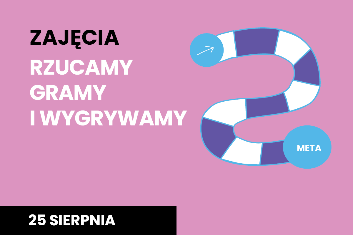 Plakat na różowym tle napis "Zajęcia Rzucamy, gramy i wygrywamy", 25 sierpnia i trasa z gry planszowej z pola w kolorze białym i fioletowymmi